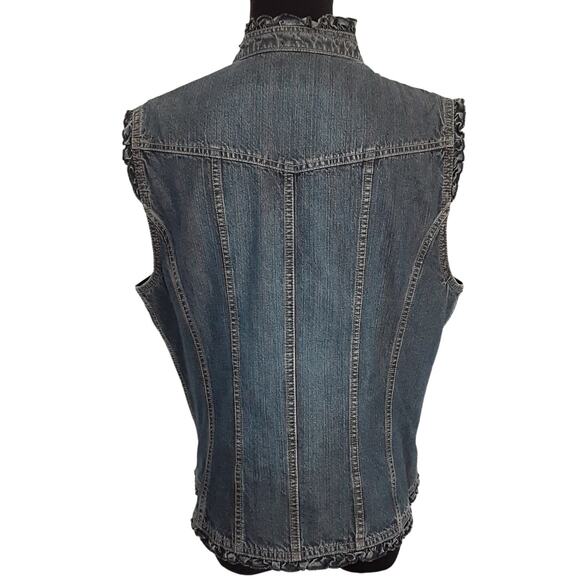 Vintage 90s Gilet Denim Vest Brass Button Military Ruffle Jean Jacket XL Cottage - Picture 3 of 10